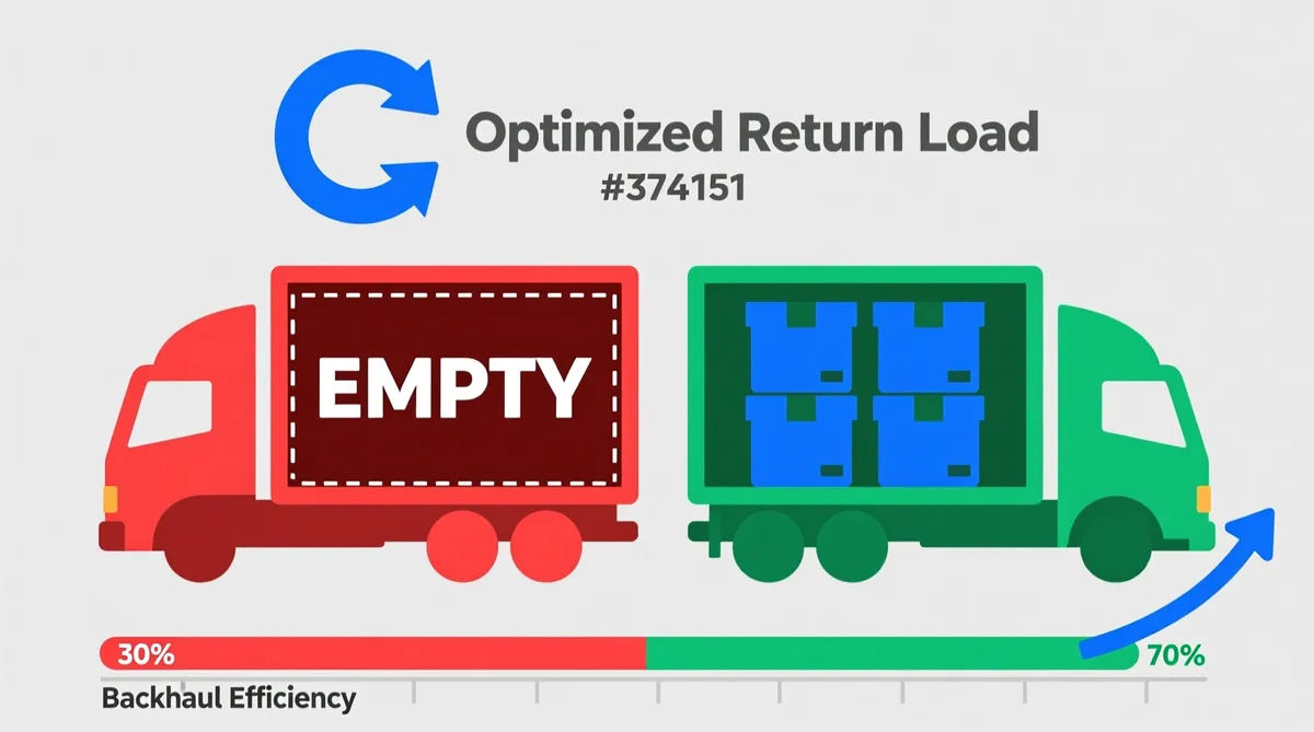 Illustration showing two truck silhouettes side by side on a light gray background (#F5F5F5). Left truck: red silhouette (#DC2626) with empty cargo bay indicated by dashed lines and a large 'EMPTY' text label in bold white letters centered inside the cargo area. Right truck: green silhouette (#059669) with filled cargo bay containing three rectangular blue boxes (#3B82F6) stacked vertically. Above the trucks, a large circular arrow symbol in primary blue (#1E40AF) connects both vehicles, labeled 'Optimized Return Load' in dark gray text (#374151). Below the trucks, a horizontal bar chart shows 'Backhaul Efficiency' with a red segment at 30% and a green segment at 70%, connected by an upward trending arrow in primary blue (#1E40AF). Overall composition emphasizes the contrast between empty versus optimized truck utilization with clear directional flow from left to right.
