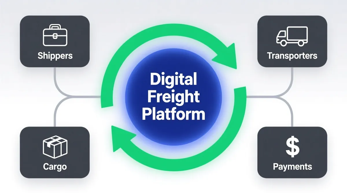 Business diagram illustration on a clean white background (#FFFFFF). Center focal point: a large circular icon in primary blue (#1E40AF) with the text 'Digital Freight Platform' in white, surrounded by three curved arrows in accent green (#059669) forming a clockwise rotation. Four rectangular nodes arranged in a square pattern around the center: top-left node in dark gray (#374151) labeled 'Shippers' with a briefcase icon, top-right node in dark gray labeled 'Transporters' with a truck icon, bottom-left node in dark gray labeled 'Cargo' with stacked boxes icon, bottom-right node in dark gray labeled 'Payments' with currency icon. Each node connected to the center platform via thin gray lines (#9CA3AF). Background gradient transitioning from light gray (#F3F4F6) at top to slightly darker gray (#E5E7EB) at bottom. Overall composition conveys connectivity, digital flow, and platform centrality with clear visual hierarchy and professional color scheme.